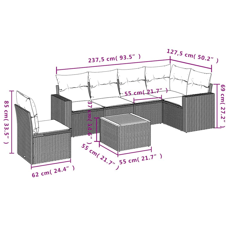 7-delige Loungeset met kussens poly rattan grijs