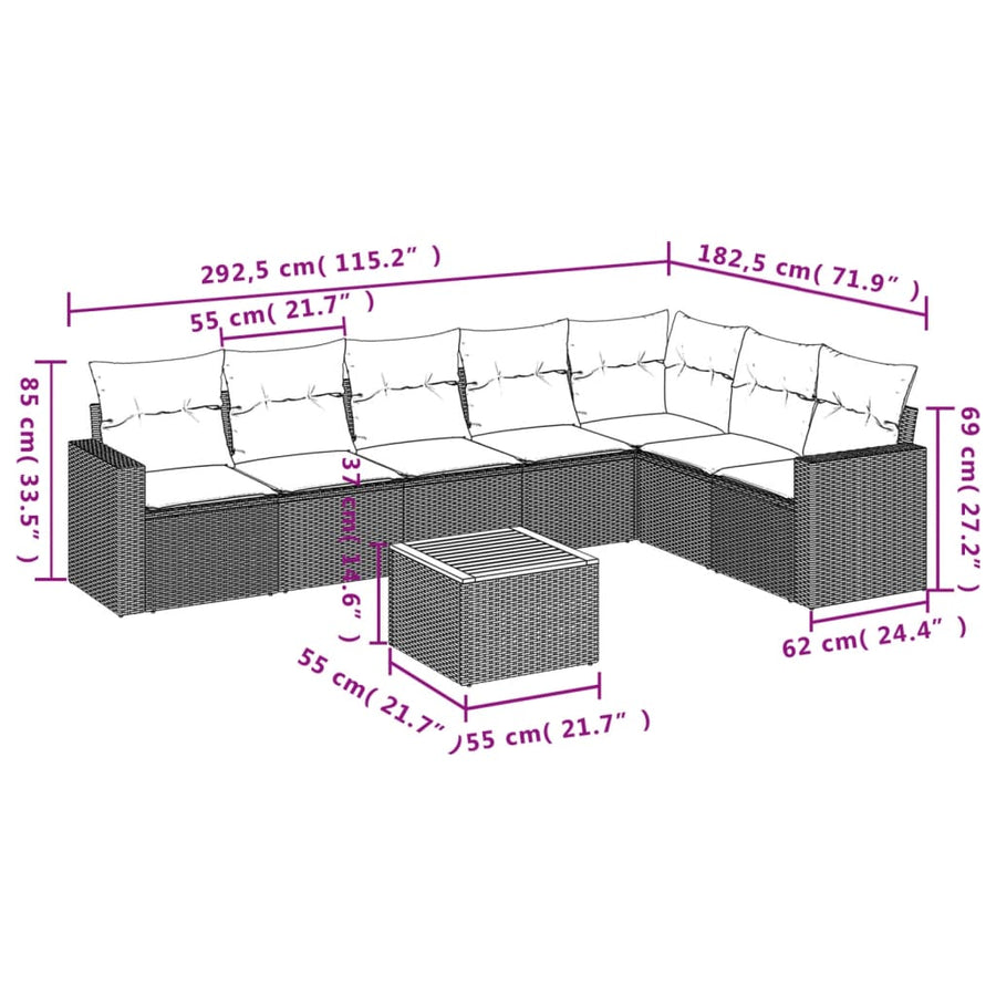 8-delige Loungeset met kussens poly rattan zwart