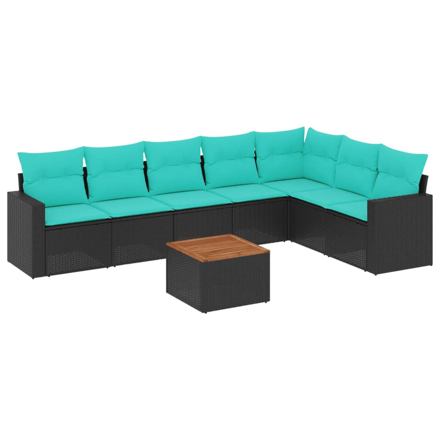 8-delige Loungeset met kussens poly rattan zwart