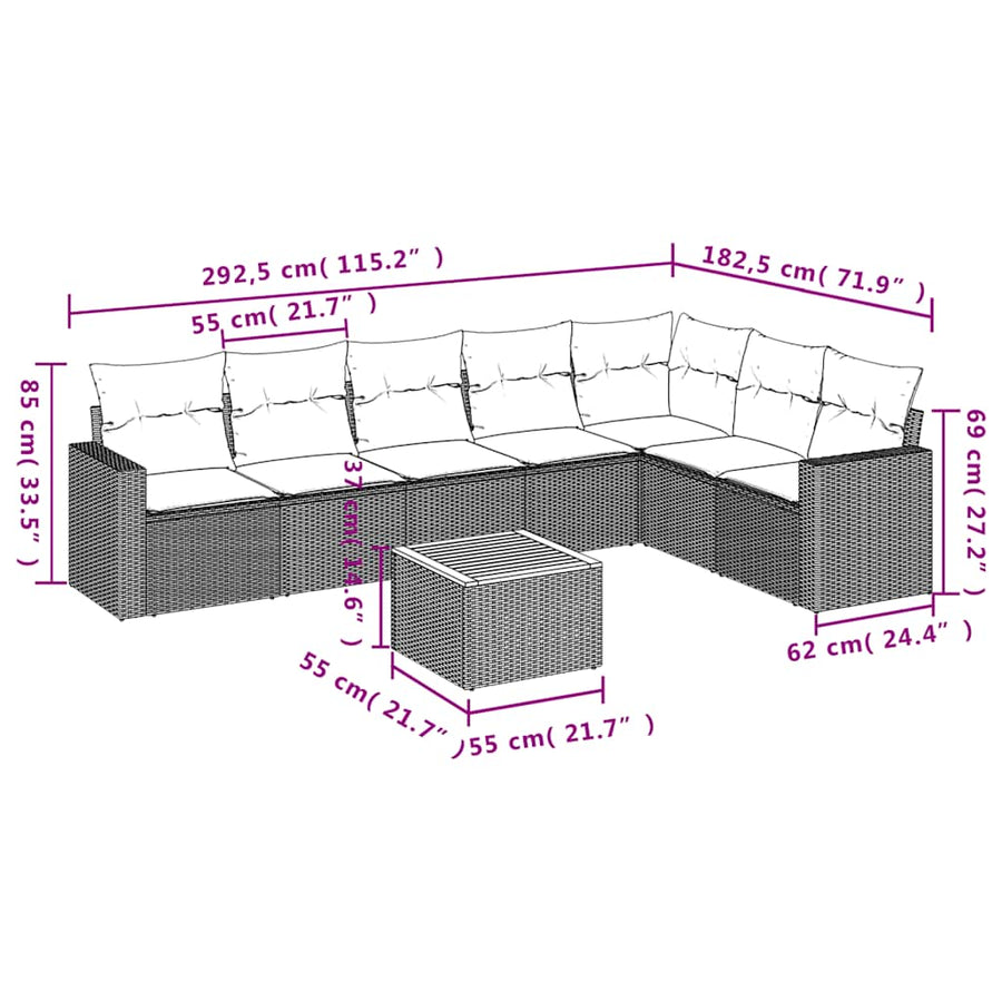 8-delige Loungeset met kussens poly rattan zwart