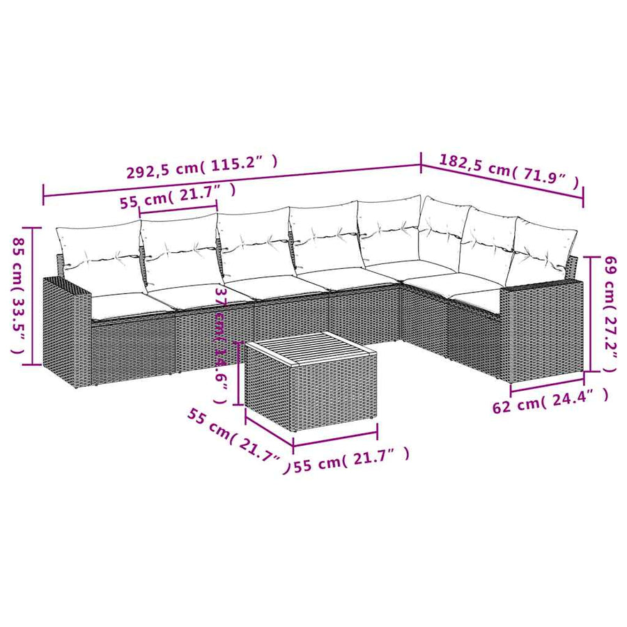 8-delige Loungeset met kussens poly rattan grijs