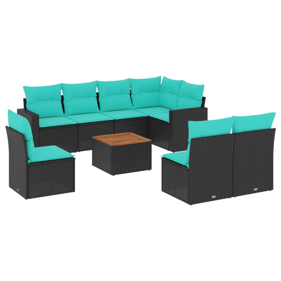 9-delige Loungeset met kussens poly rattan zwart