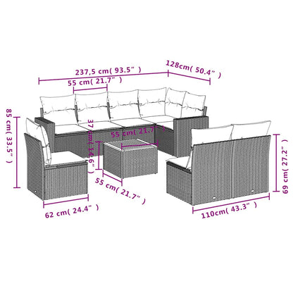 9-delige Loungeset met kussens poly rattan zwart