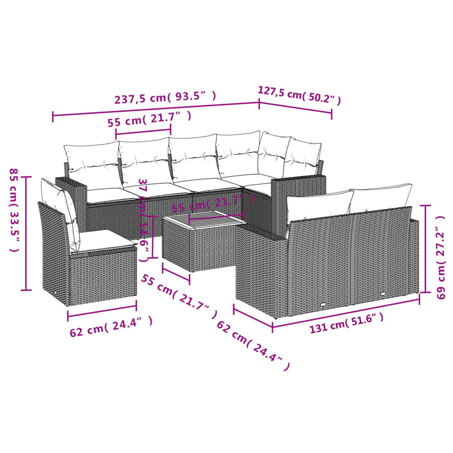 9-Delige Loungeset Met Kussens Poly Rattan Gemengd Beige