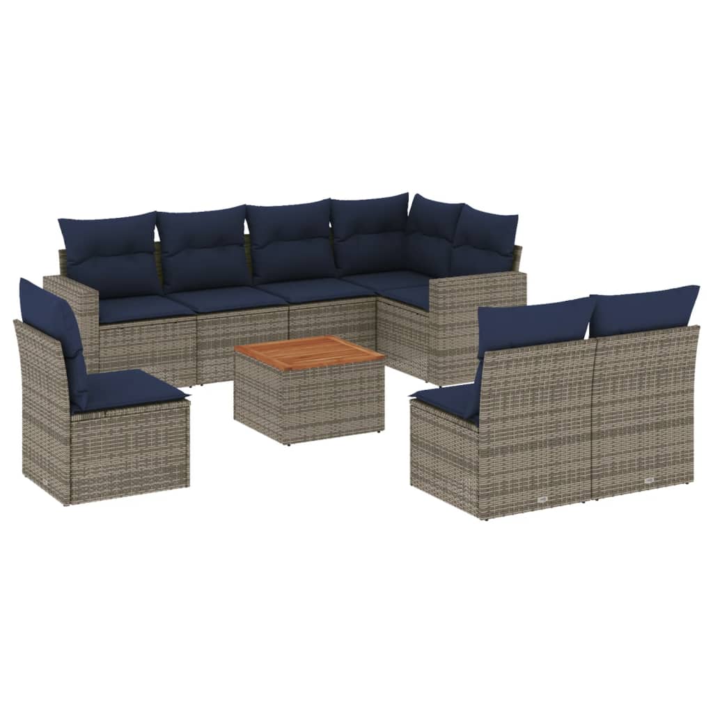9-delige Loungeset met kussens poly rattan grijs
