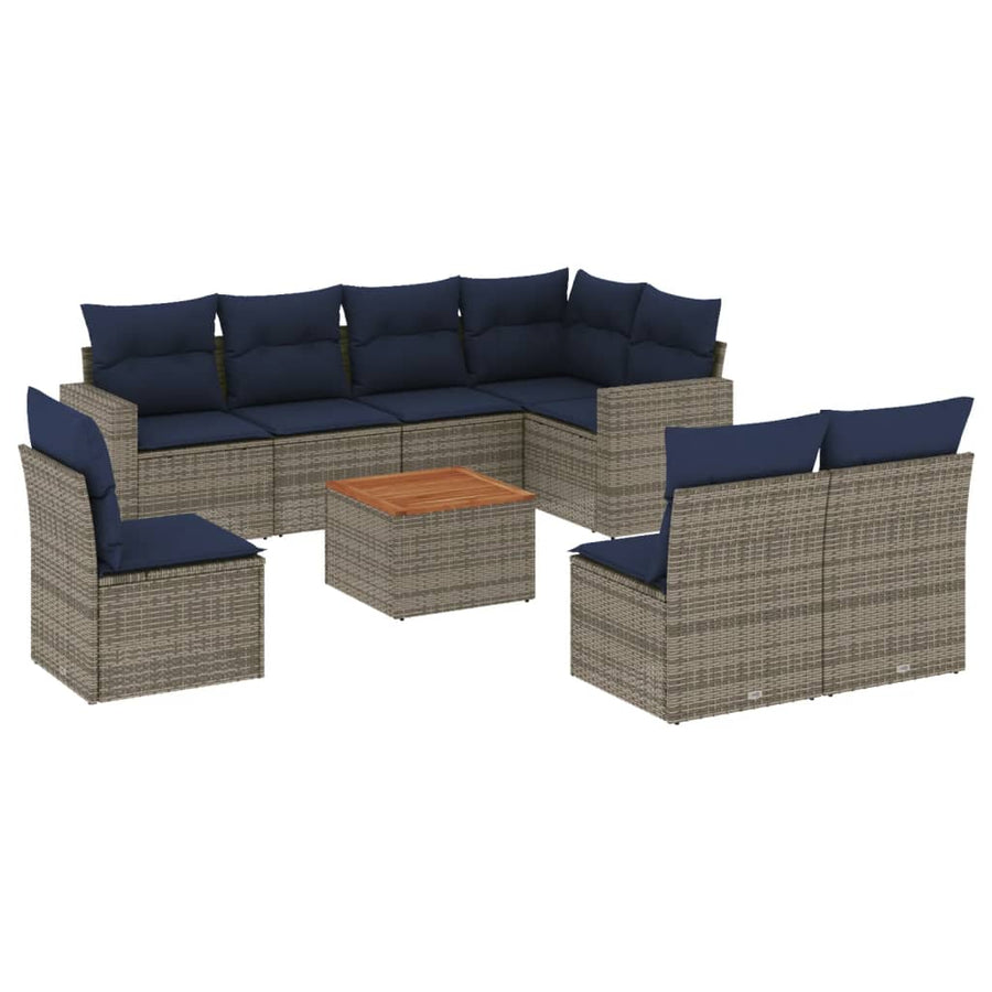 9-delige Loungeset met kussens poly rattan grijs