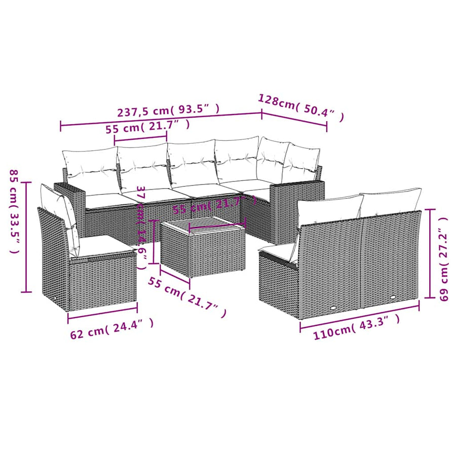 9-delige Loungeset met kussens poly rattan grijs