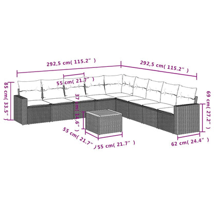 10-delige Loungeset met kussens poly rattan grijs