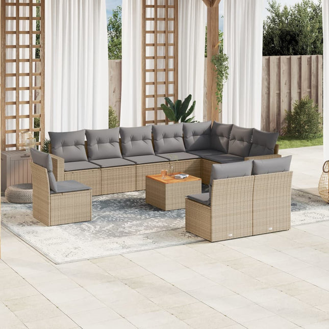 11-Delige Loungeset Met Kussens Poly Rattan Gemengd Beige