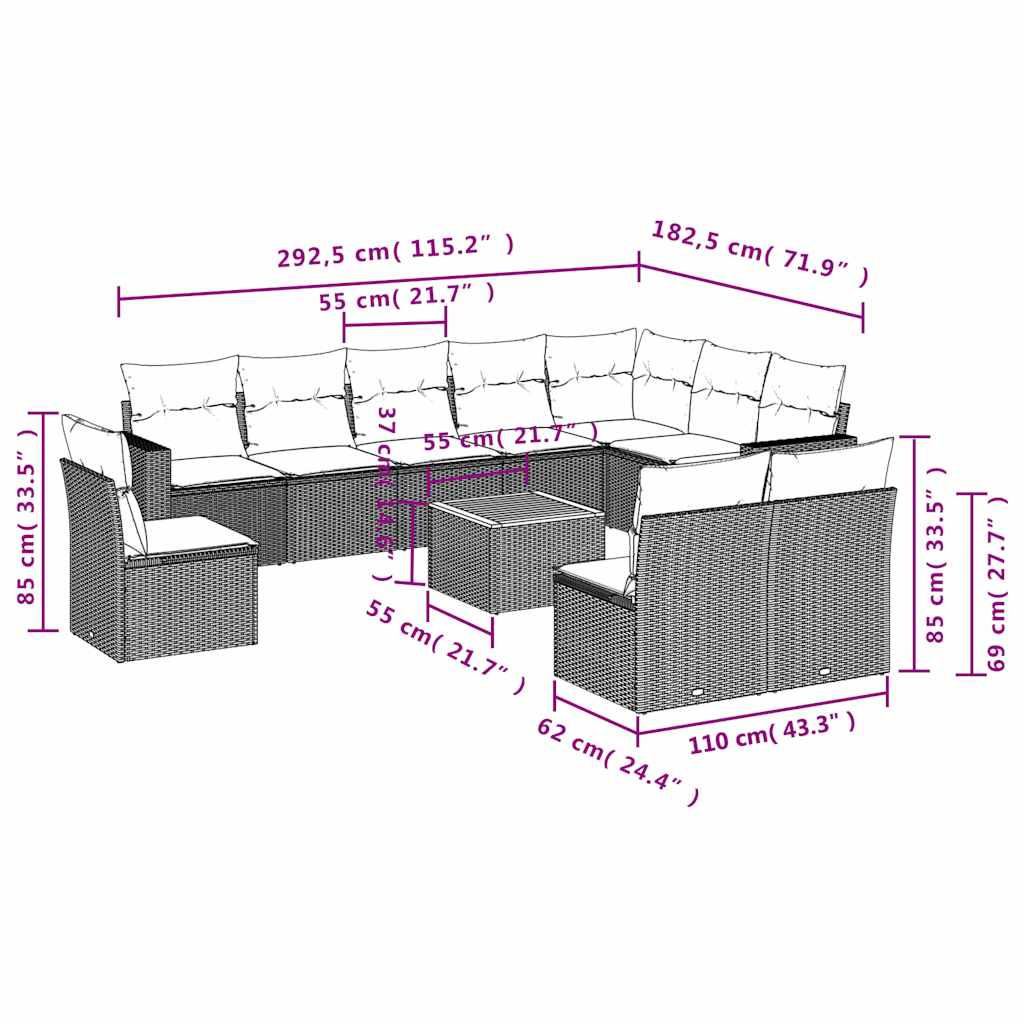 11-delige Loungeset met kussens poly rattan grijs