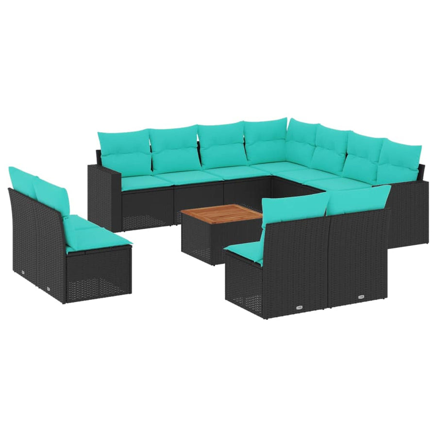 12-delige Loungeset met kussens poly rattan zwart