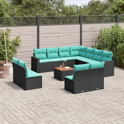 12-delige Loungeset met kussens poly rattan zwart