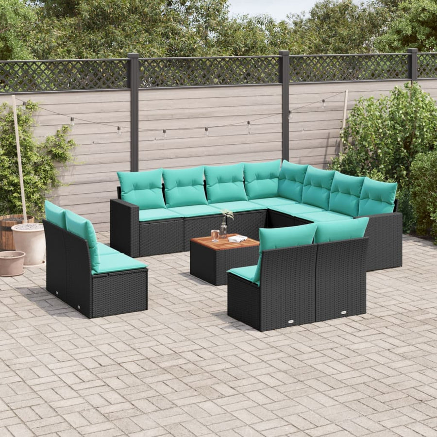 12-delige Loungeset met kussens poly rattan zwart