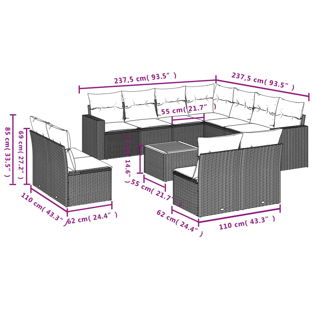 12-Delige Loungeset Met Kussens Poly Rattan Gemengd Beige