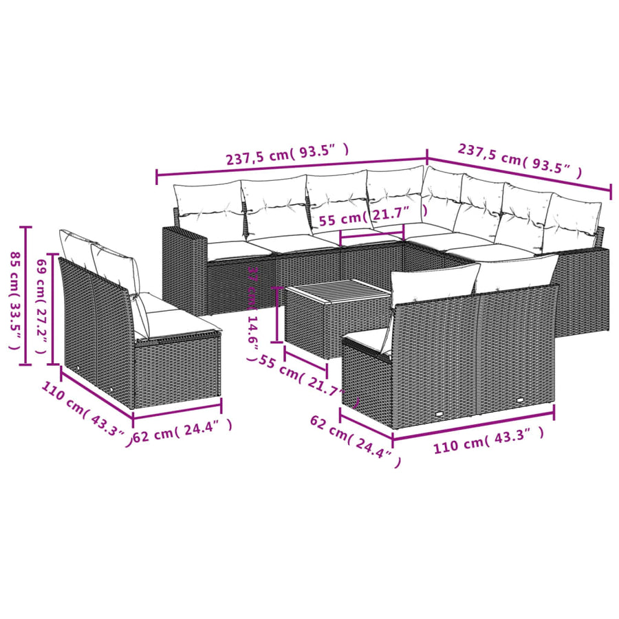 12-Delige Loungeset Met Kussens Poly Rattan Gemengd Beige