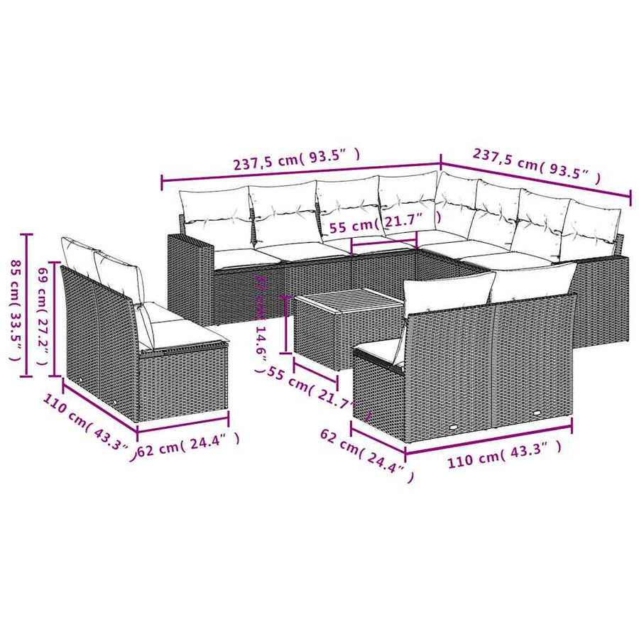 12-delige Loungeset met kussens poly rattan grijs