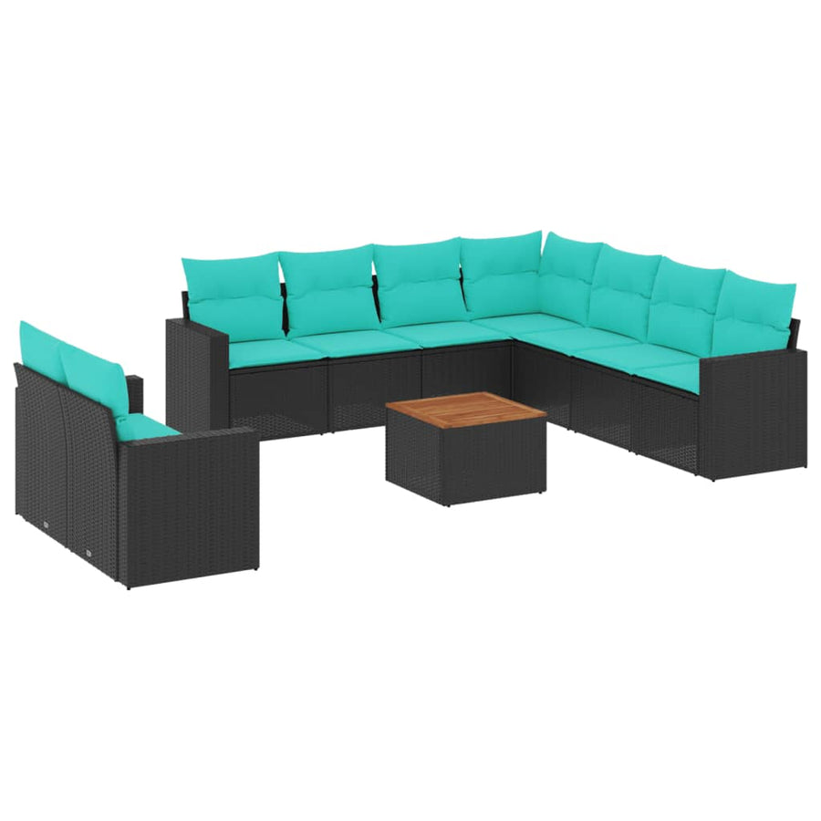 10-delige Loungeset met kussens poly rattan zwart