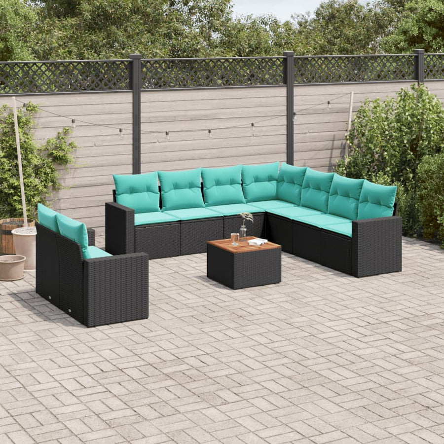10-delige Loungeset met kussens poly rattan zwart