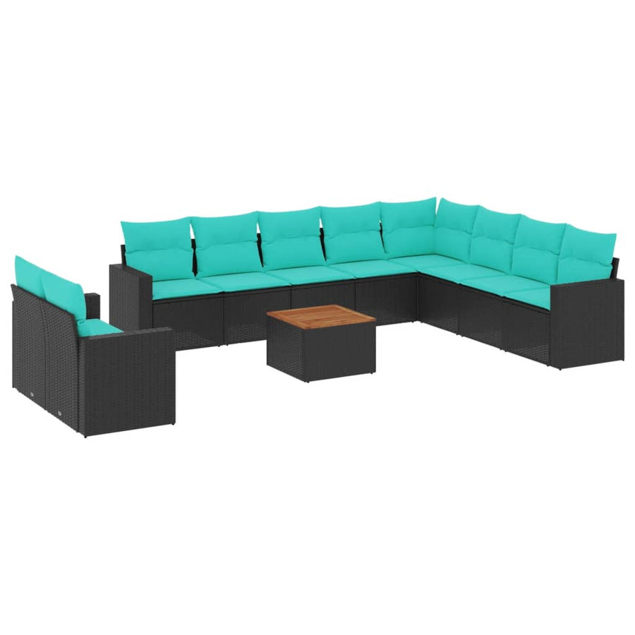 11-delige Loungeset met kussens poly rattan zwart