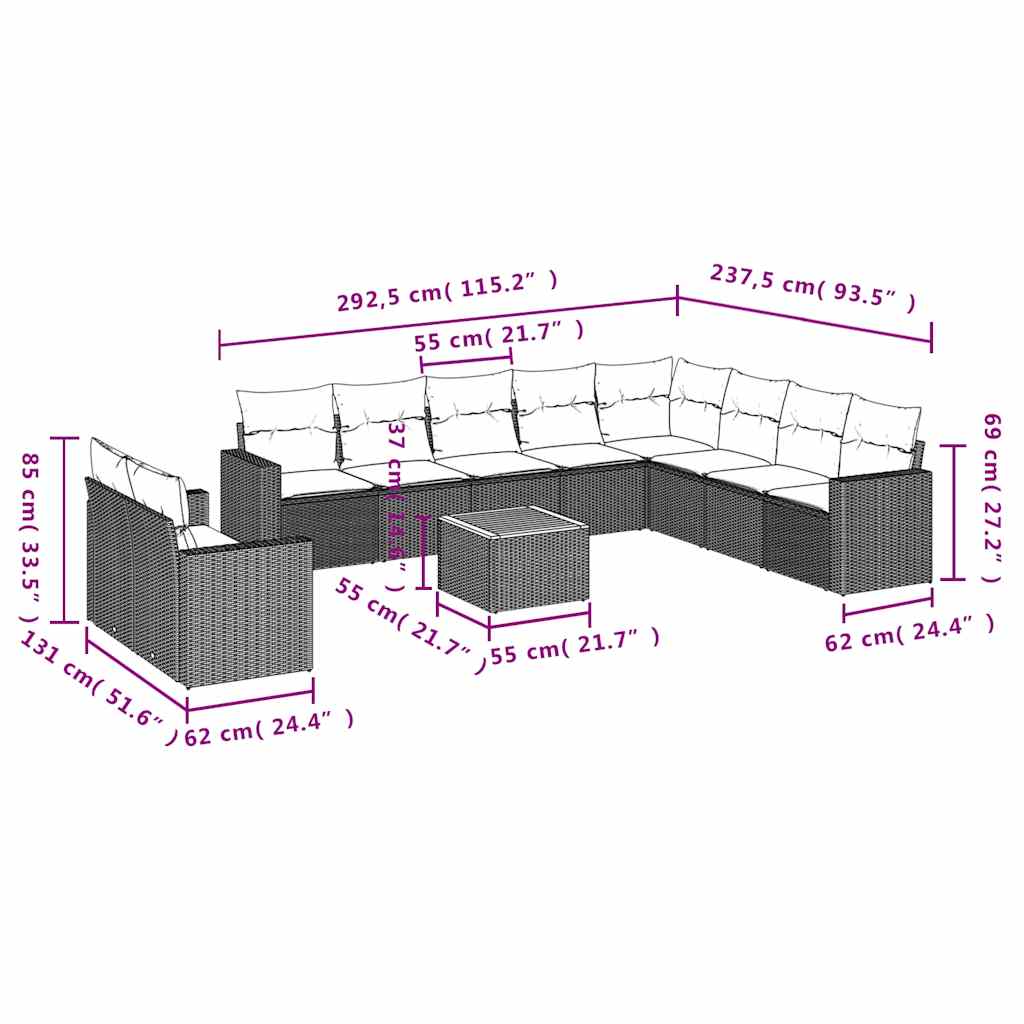 11-delige Loungeset met kussens poly rattan zwart