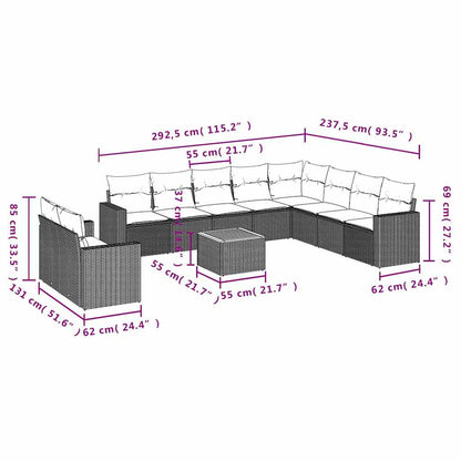 11-delige Loungeset met kussens poly rattan zwart