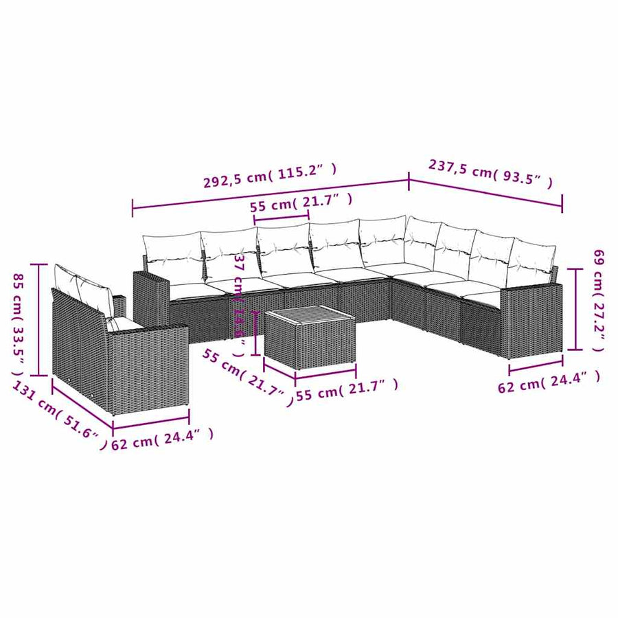 11-delige Loungeset met kussens poly rattan zwart