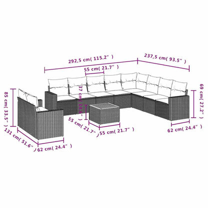 11-delige Loungeset met kussens poly rattan grijs
