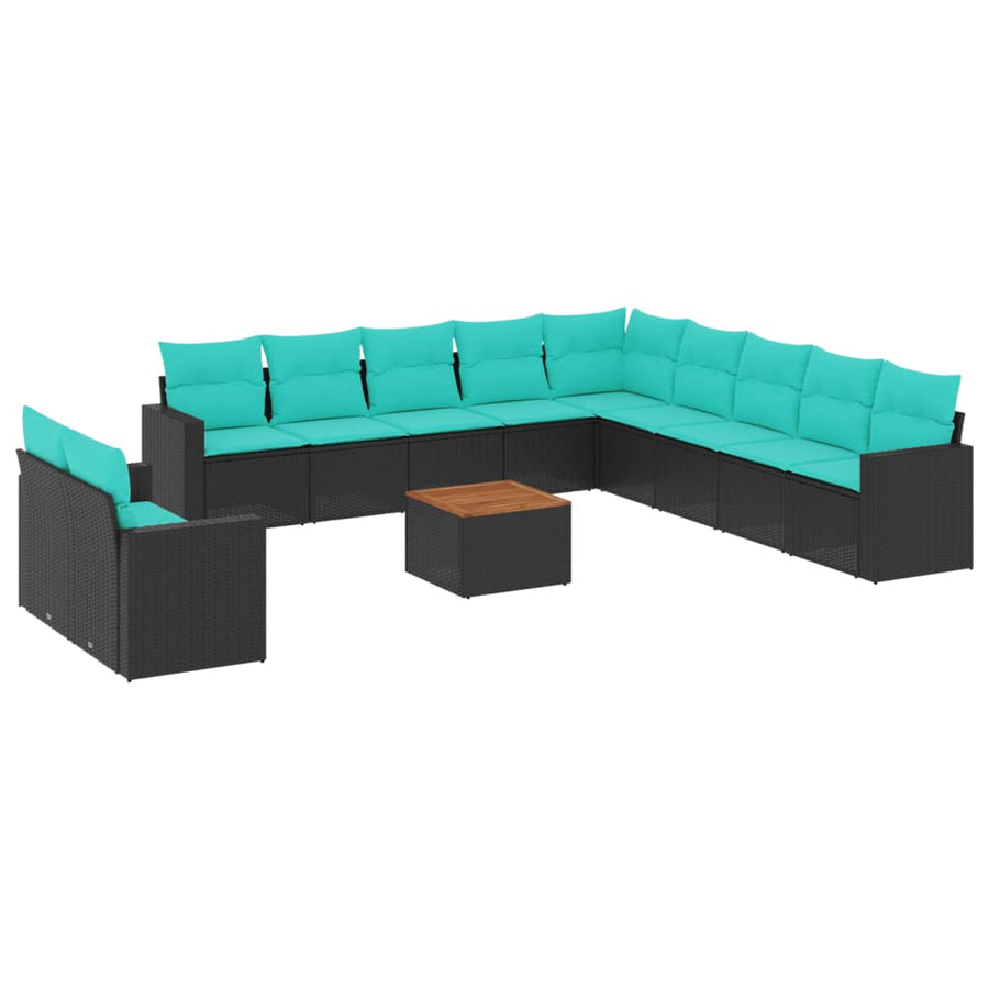 12-delige Loungeset met kussens poly rattan zwart