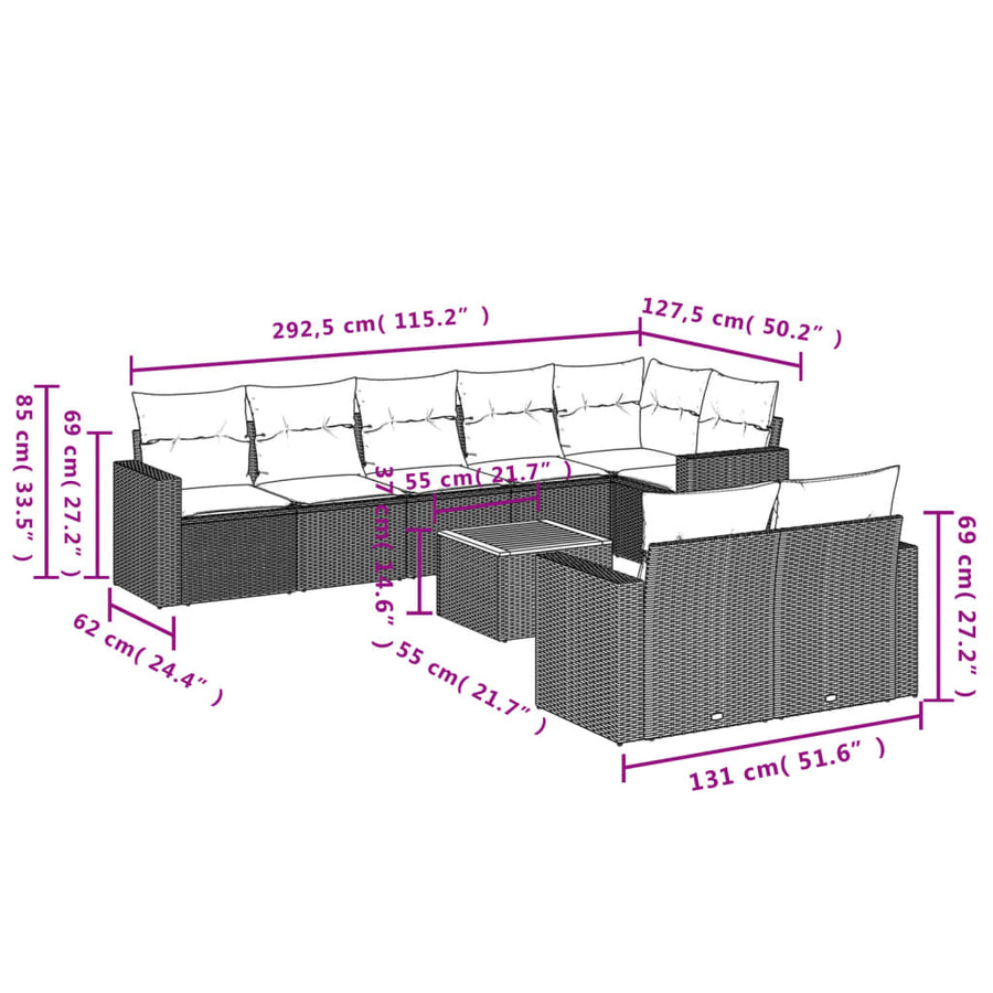 9-delige Loungeset met kussens poly rattan zwart