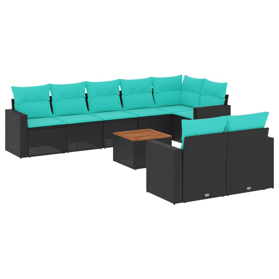 9-delige Loungeset met kussens poly rattan zwart