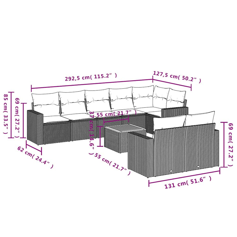 9-delige Loungeset met kussens poly rattan zwart