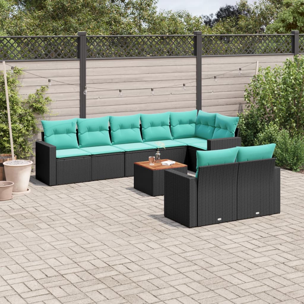 9-delige Loungeset met kussens poly rattan zwart