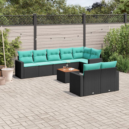 9-delige Loungeset met kussens poly rattan zwart