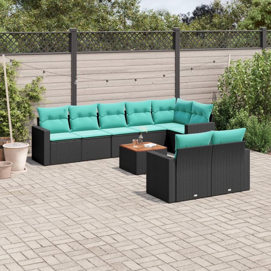 9-delige Loungeset met kussens poly rattan zwart