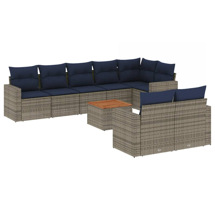 9-delige Loungeset met kussens poly rattan grijs