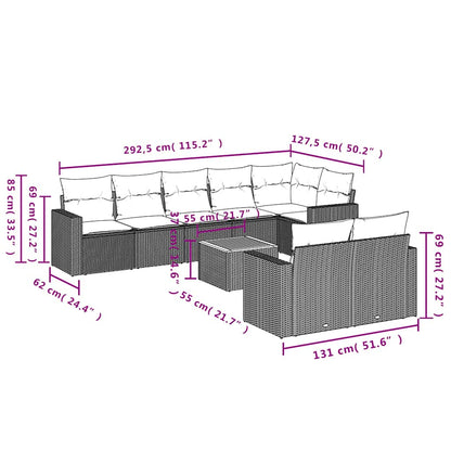 9-delige Loungeset met kussens poly rattan grijs