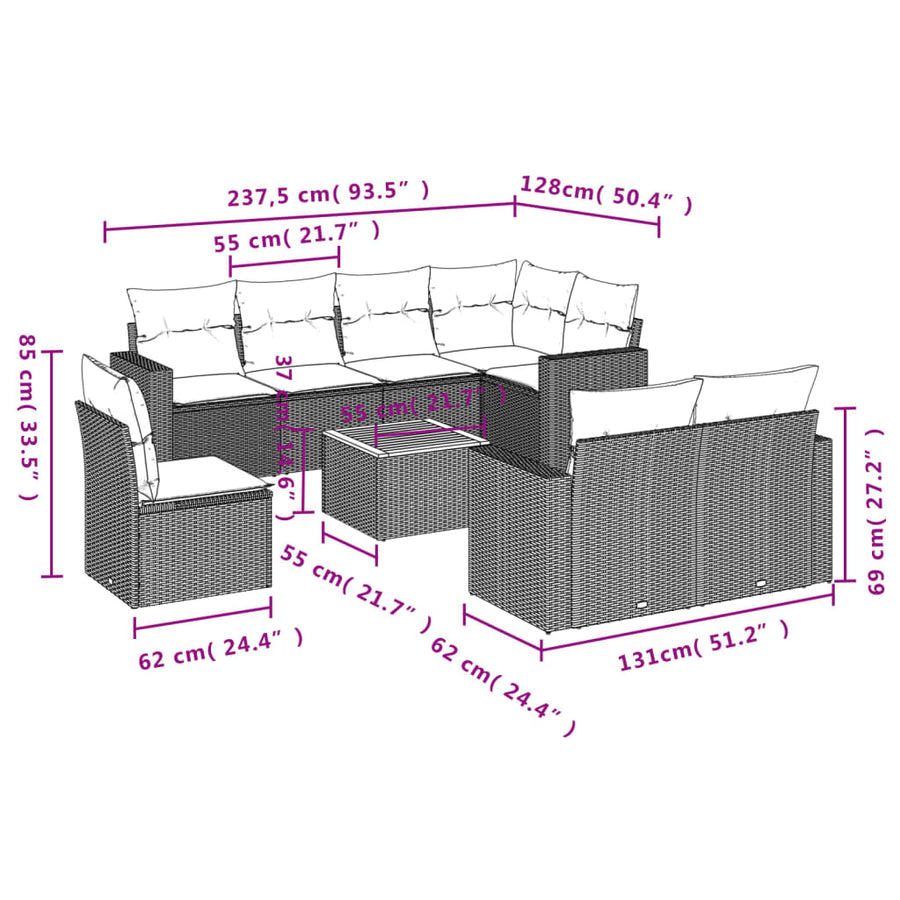 9-delige Loungeset met kussens poly rattan zwart