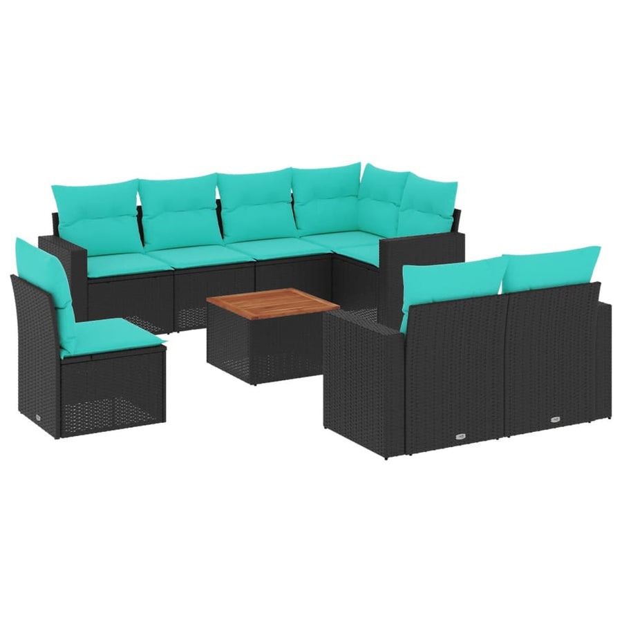 9-delige Loungeset met kussens poly rattan zwart