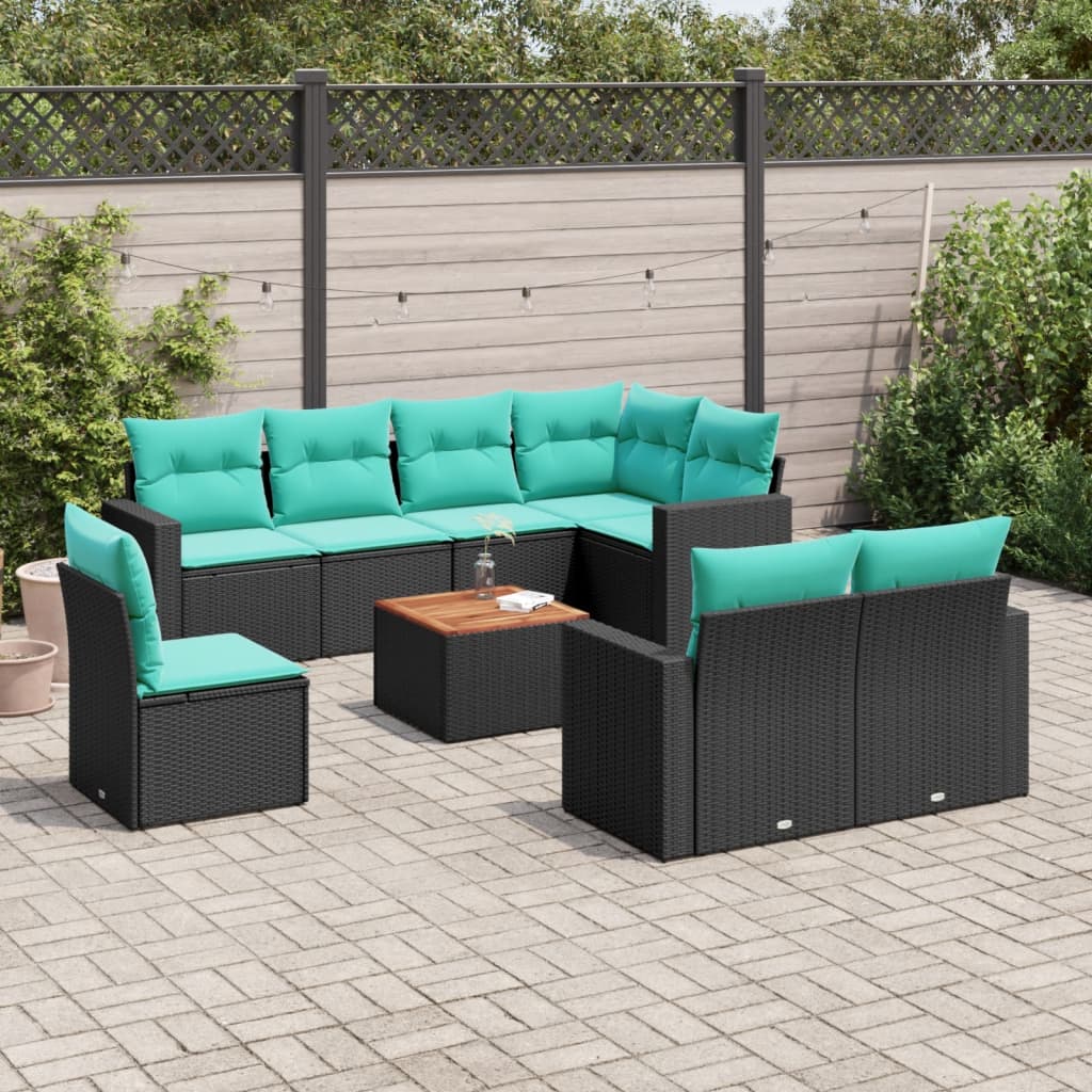 9-delige Loungeset met kussens poly rattan zwart