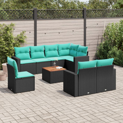9-delige Loungeset met kussens poly rattan zwart
