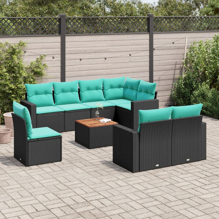9-delige Loungeset met kussens poly rattan zwart