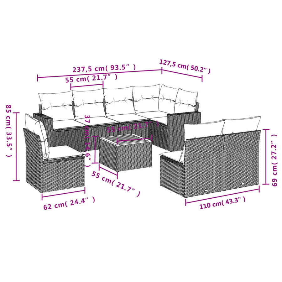 9-Delige Loungeset Met Kussens Poly Rattan Gemengd Beige