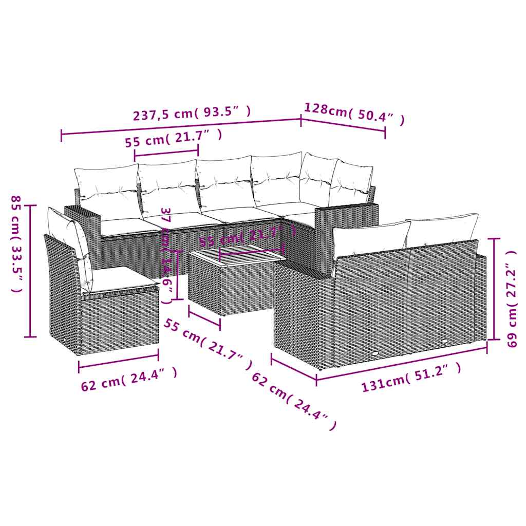 9-delige Loungeset met kussens poly rattan grijs