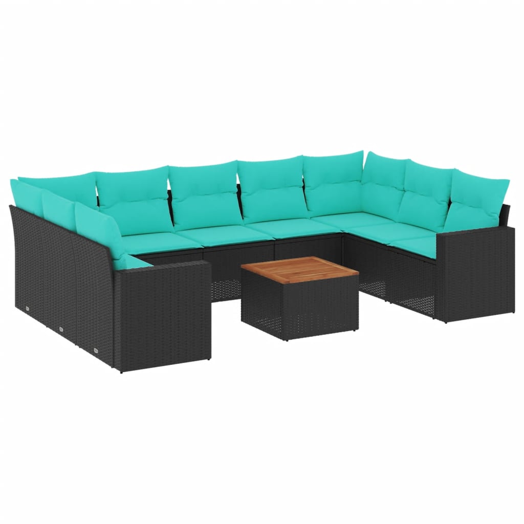 10-delige Loungeset met kussens poly rattan zwart