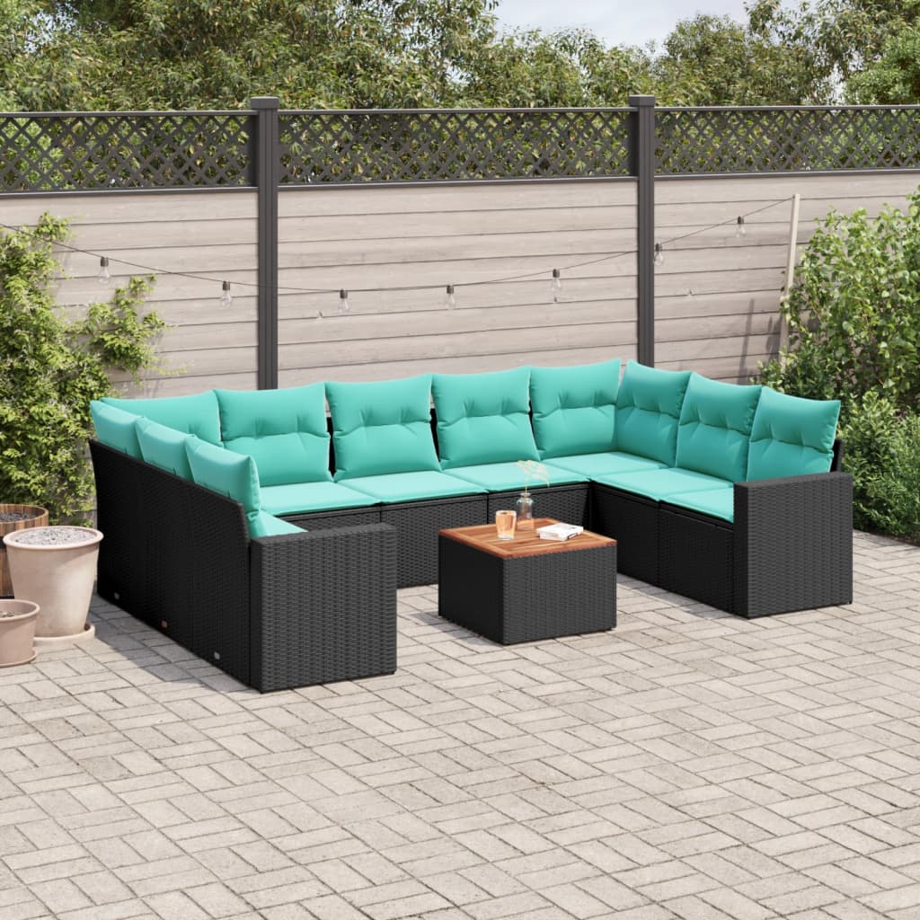 10-delige Loungeset met kussens poly rattan zwart
