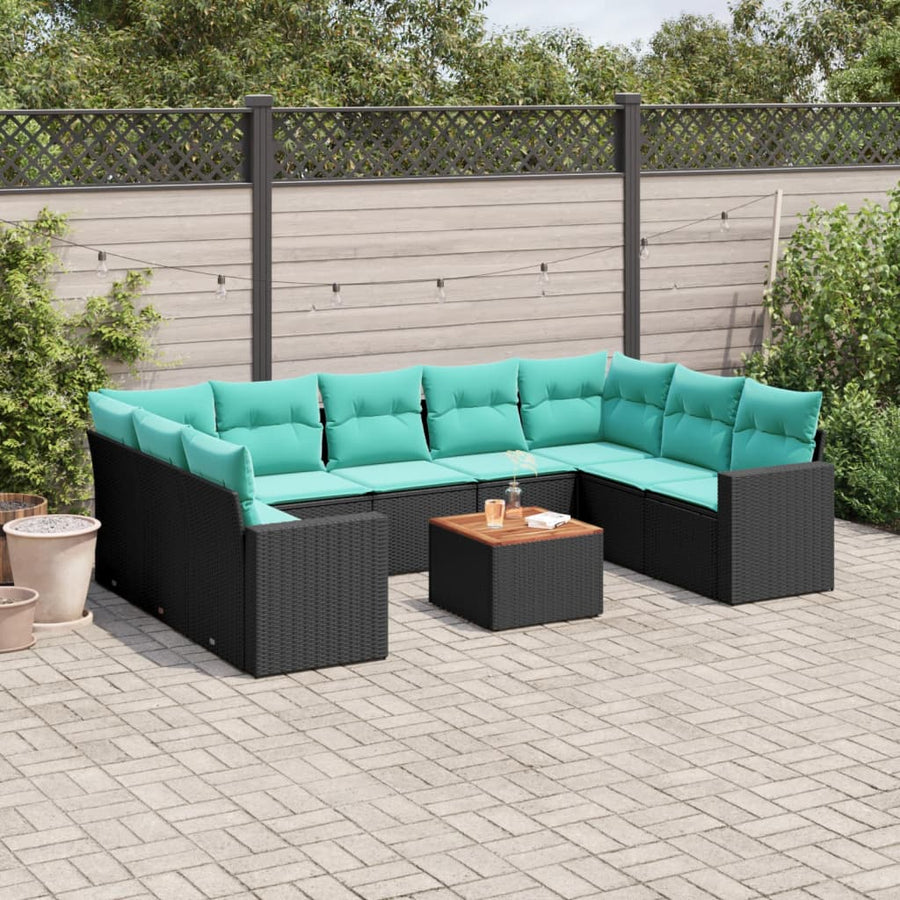 10-delige Loungeset met kussens poly rattan zwart
