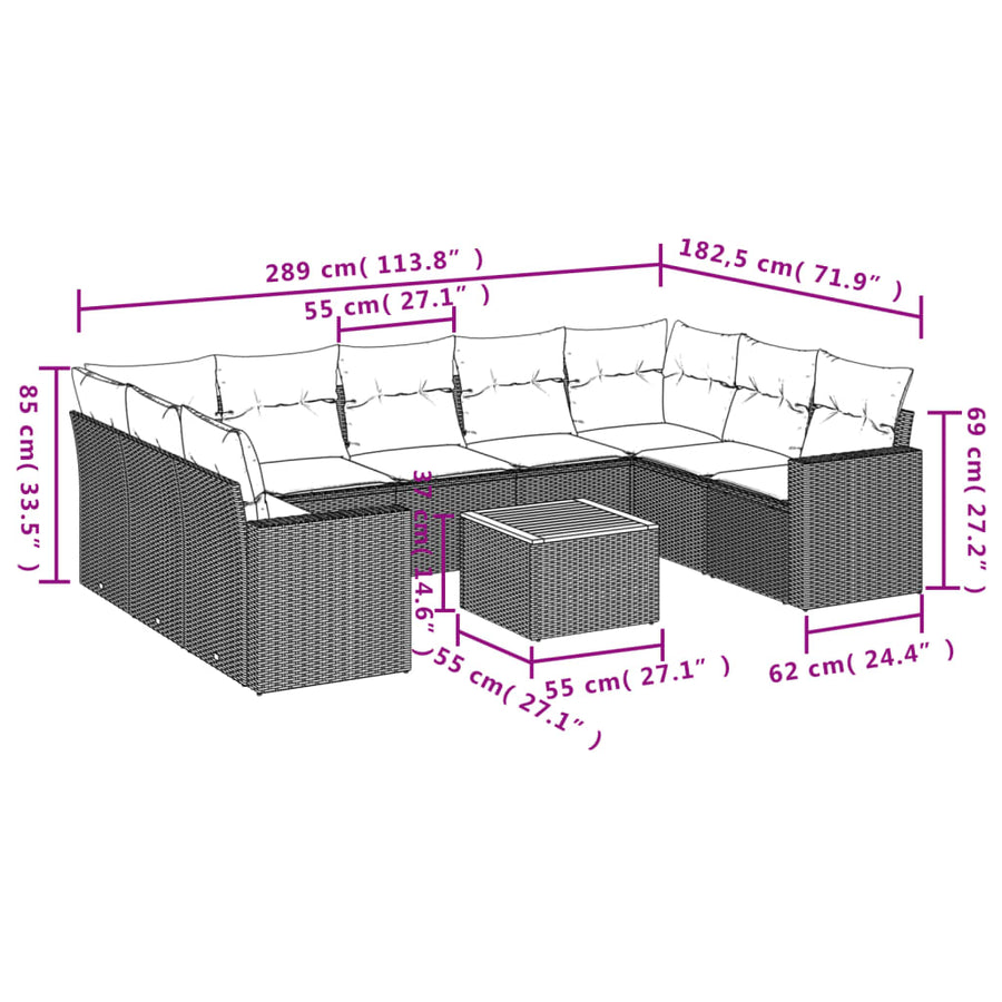 10-Delige Loungeset Met Kussens Poly Rattan Grijs