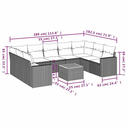 10-delige Loungeset met kussens poly rattan grijs