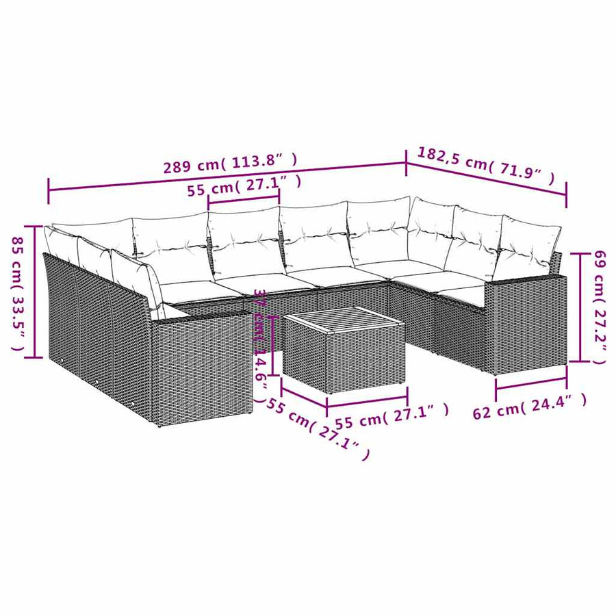 10-delige Loungeset met kussens poly rattan grijs