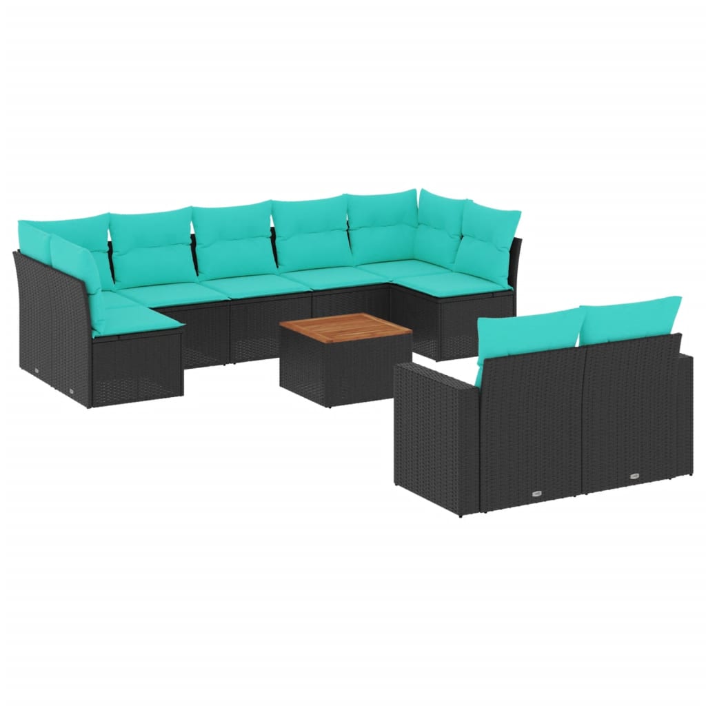 10-delige Loungeset met kussens poly rattan zwart